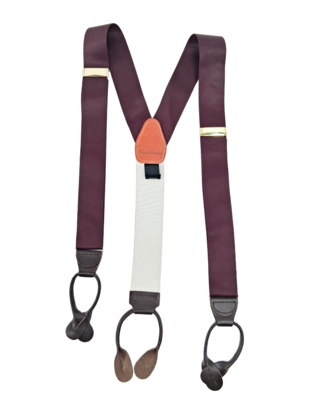 Brooks Brothers Textural Burgundy Button Suspenders Leather Tabs Y-Back Braces